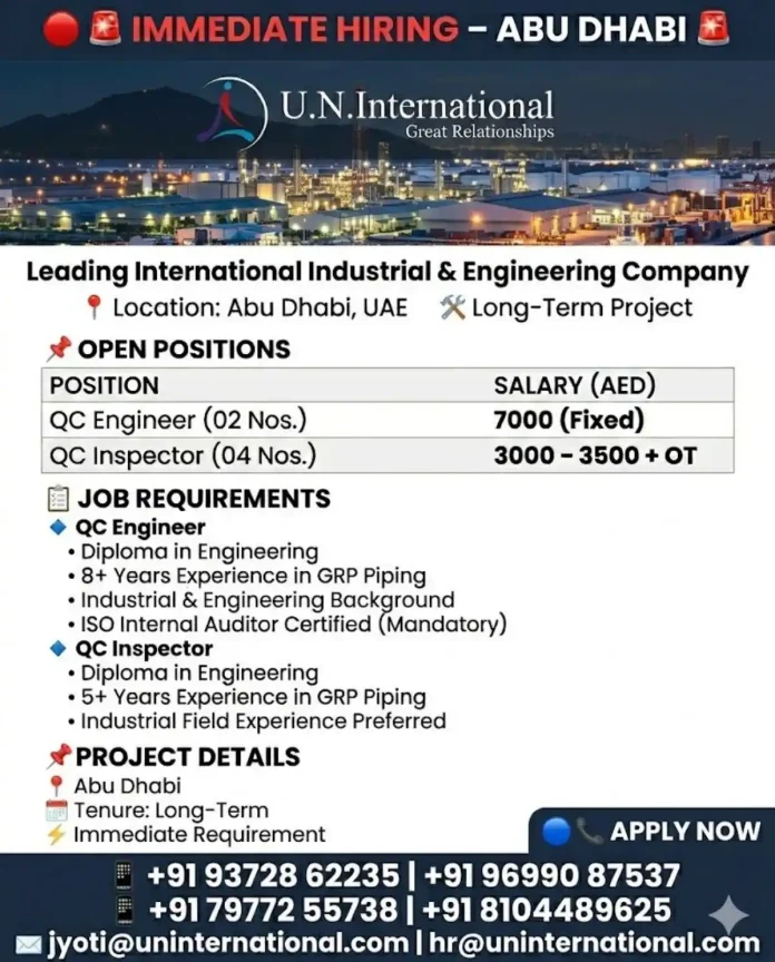 QC Engineer and Inspector hiring for industrial project in Abu Dhabi by U.N. International