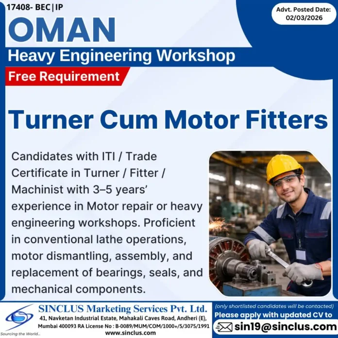 Turner Cum Motor Fitters working on heavy engineering equipment in workshop