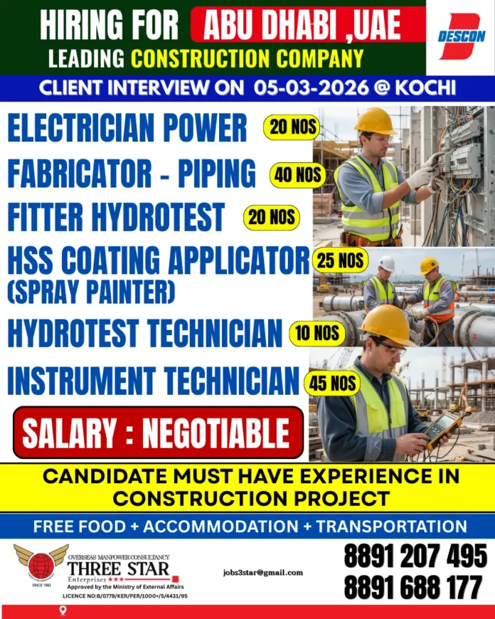 Construction jobs in Abu Dhabi UAE with free accommodation and food - Client interview in Kochi