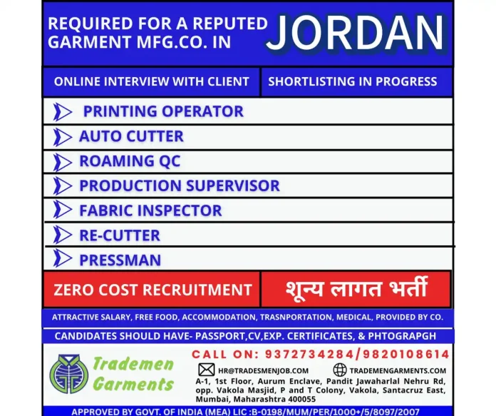 Garment manufacturing jobs in Jordan with free accommodation and benefits