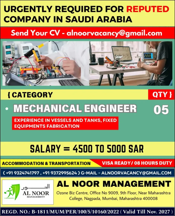 Mechanical Engineer Job Opportunities in Saudi Arabia for Vessels and Tanks Fabrication Specialists