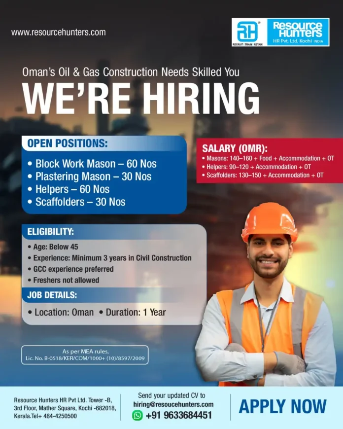 Skilled construction workers on an oil and gas site in Oman