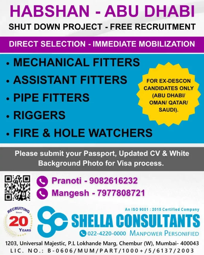 Mechanical Fitters and Pipe Fitters Jobs in Abu Dhabi Shutdown Project Recruitment