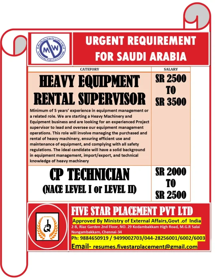 Heavy Equipment Job Opportunities in Saudi Arabia for Rental Supervisor and CP Technician