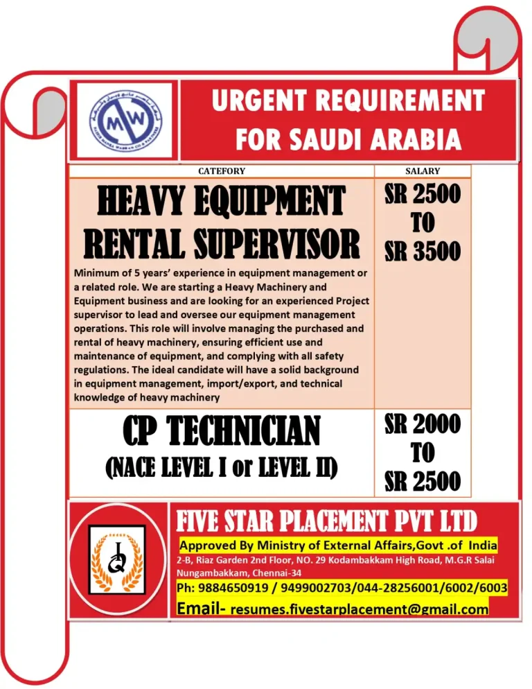 Urgent Job Openings: Rental Supervisor and CP Technician for Heavy Equipment in Saudi Arabia