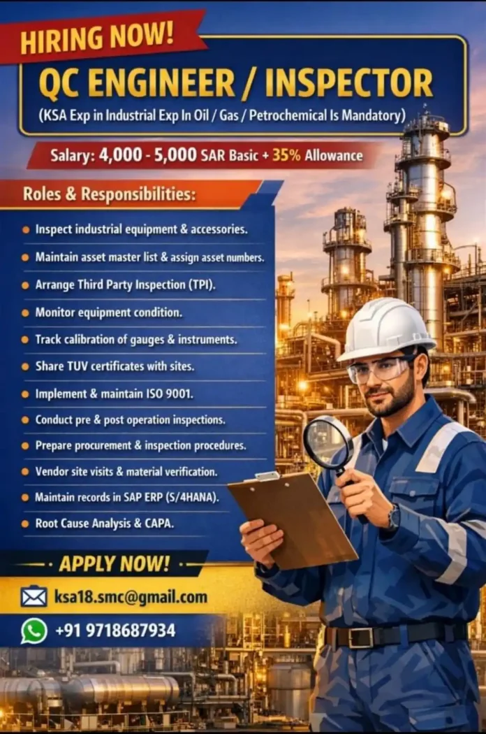 QC Engineer Inspector working at industrial oil gas plant in Saudi Arabia