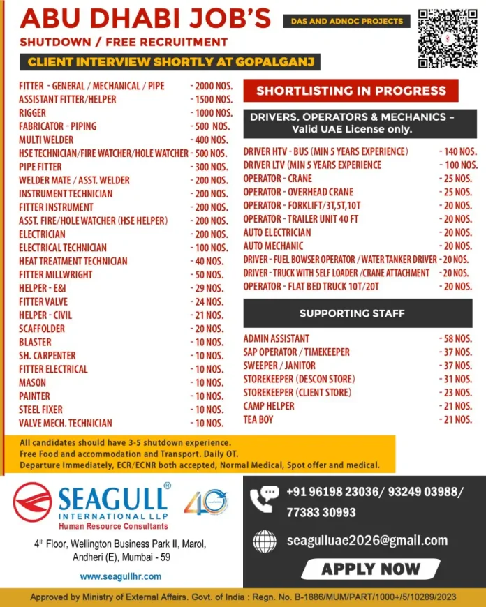 Abu Dhabi Jobs Recruitment for DAS ADNOC Projects by Seagull 40 International