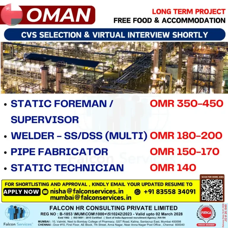 Urgent Hiring for Multiple Positions in Oman: Static Foreman, Welder, Pipe Fabricator & Technician | Free Food & Accommodation