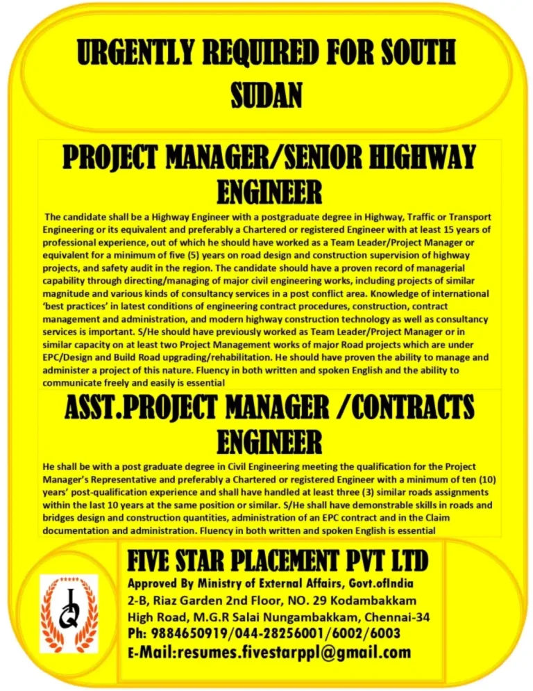 Urgently Required: Project Manager/Senior Highway Engineer for South Sudan Project