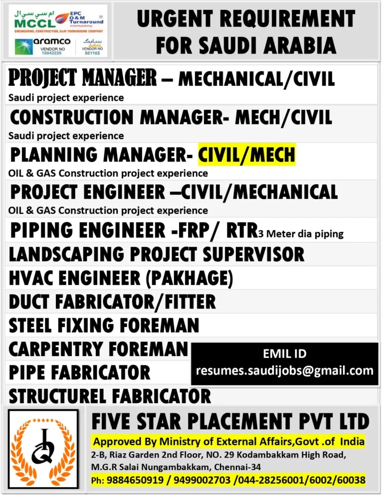 URGENT REQUIREMENT FOR SAUDI ARABIA – Multiple Construction and Oil & Gas Job Openings