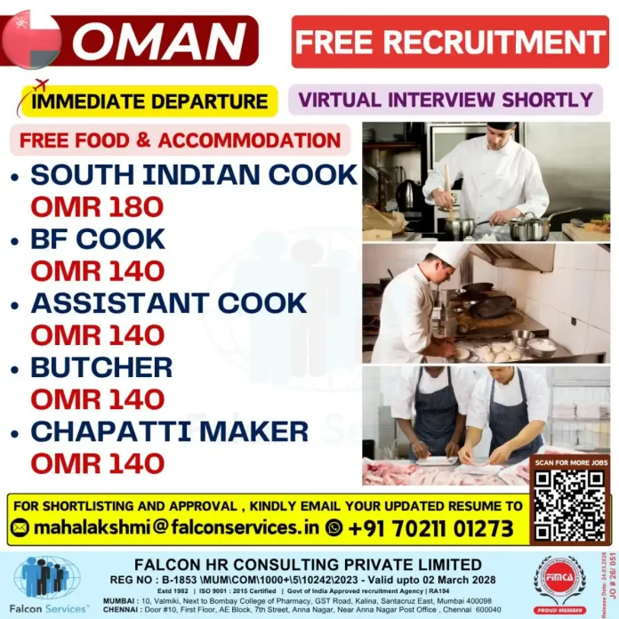 Cook Jobs in Oman Recruitment by Falcon Services - South Indian Cook, BF Cook, Assistant Cook Positions