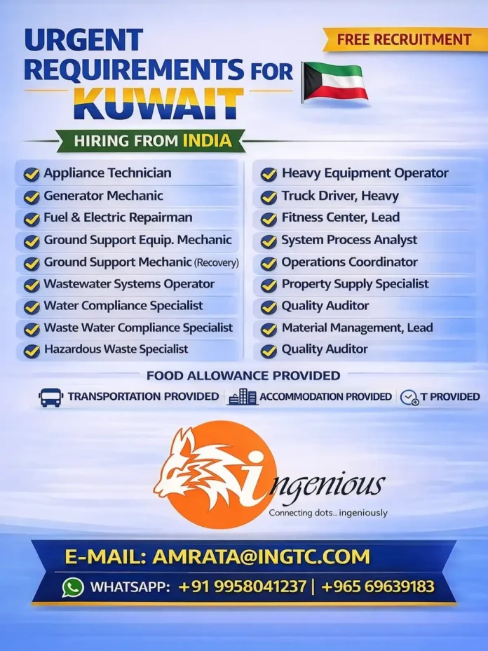 Urgent hiring for Indian professionals in Kuwait technical jobs