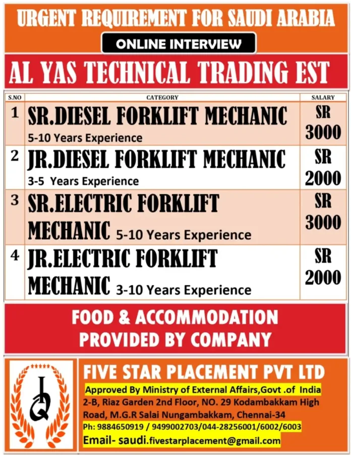 Forklift Mechanic Job Openings in Saudi Arabia for AL YAS TECHNICAL TRADING EST