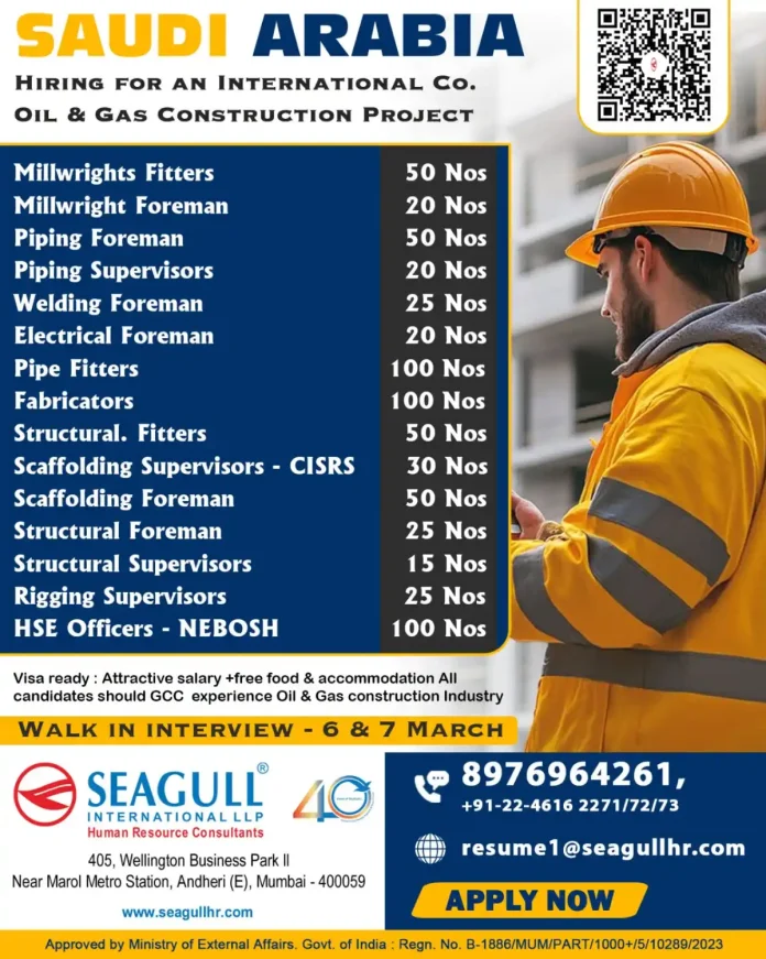 Walk-in Interview for Oil and Gas Jobs in Saudi Arabia by Seagull International