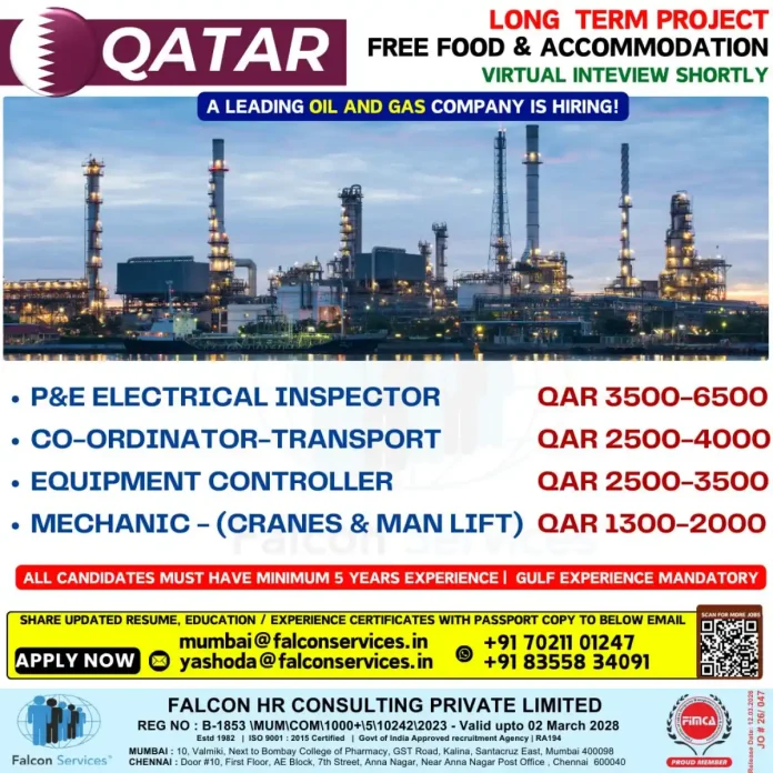 Falcon Services recruiting for oil and gas jobs in Qatar with free accommodation and food