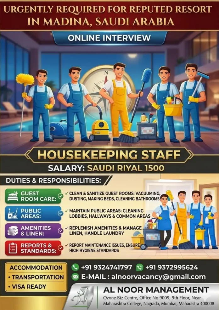 Housekeeping Staff Recruitment for Madina Resort Saudi Arabia