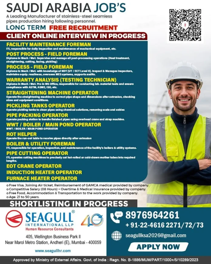 Stainless steel seamless pipes manufacturing facility in Saudi Arabia with workers operating machinery