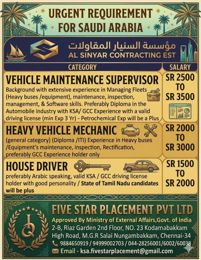 AL SINYAR CONTRACTING EST Saudi Arabia Job Recruitment for Vehicle Maintenance Supervisor, Heavy Vehicle Mechanic, House Driver