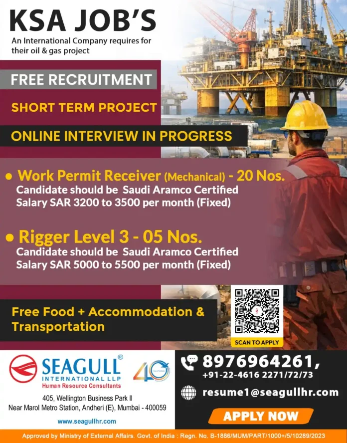 Recruitment for oil and gas jobs in Saudi Arabia with SEAGULL 40 INTERNATIONAL LLP