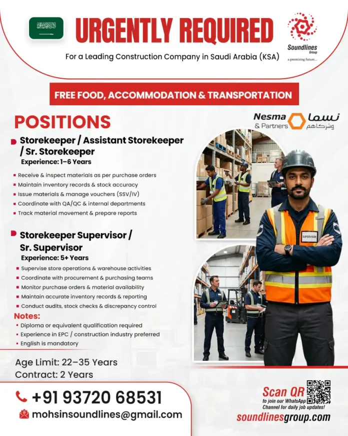 Storekeeper and Supervisor Job Openings in Saudi Arabia with Soundlines Group
