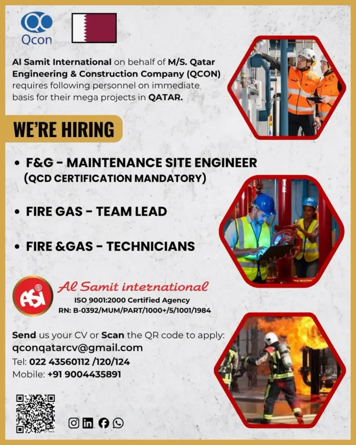Qatar Engineering & Construction Company QCON Job Recruitment for Fire and Gas Engineers and Technicians