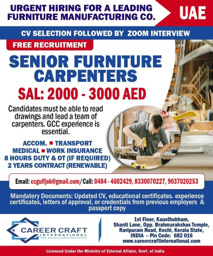 Senior Furniture Carpenter Job Opportunity in UAE Manufacturing Company