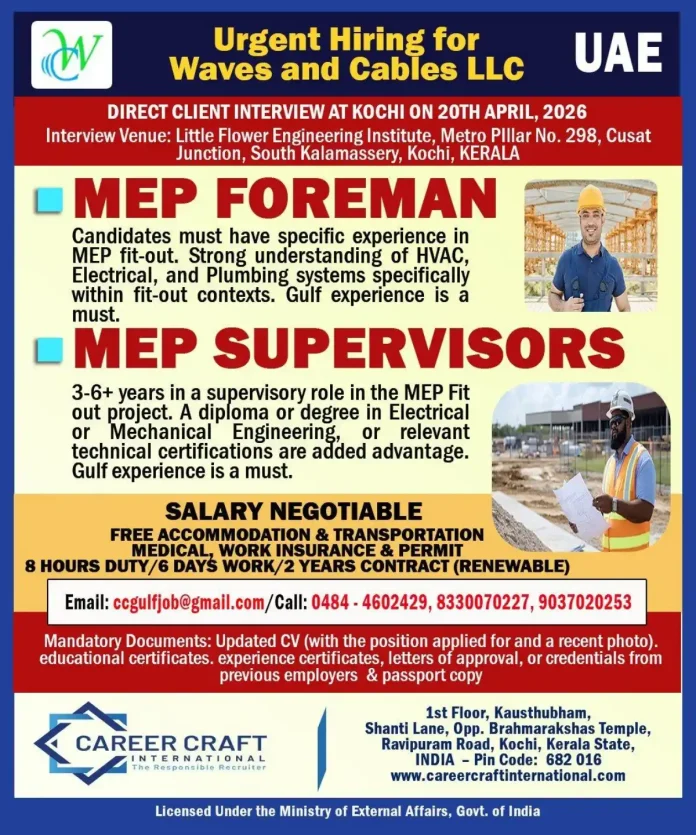 MEP Foreman and Supervisor job interview in Kochi for UAE positions