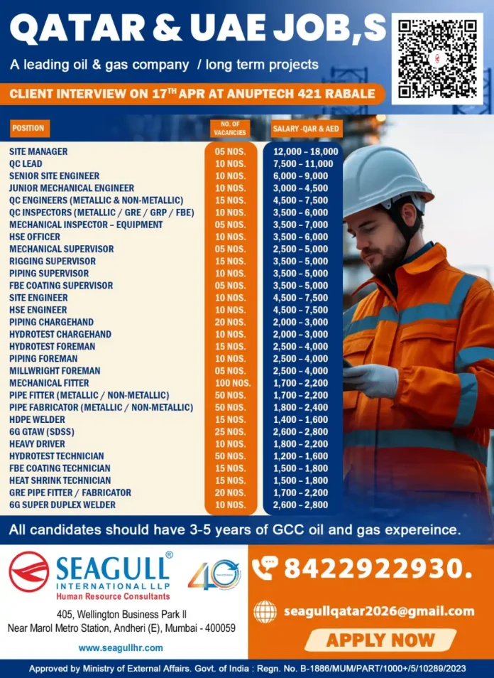 Recruitment drive for oil and gas jobs in Qatar and UAE by Seagull International LLP