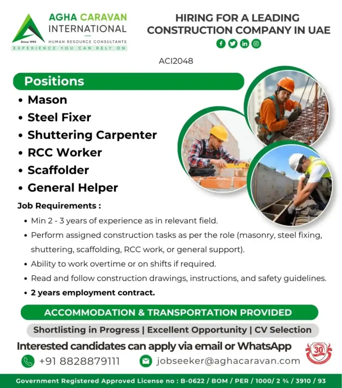 Construction workers in UAE building site with AGHA CARAVAN recruitment