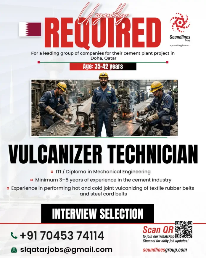 Vulcanizer Technician performing maintenance on conveyor belts at a cement plant in Qatar