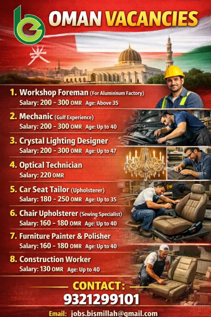 Oman job vacancies for skilled professionals including mechanics, foremen, technicians and construction workers