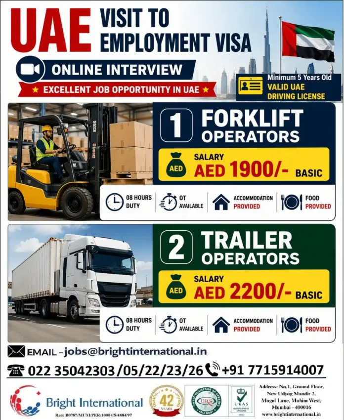 UAE Employment Visa Job Opportunities for Forklift and Trailer Operators