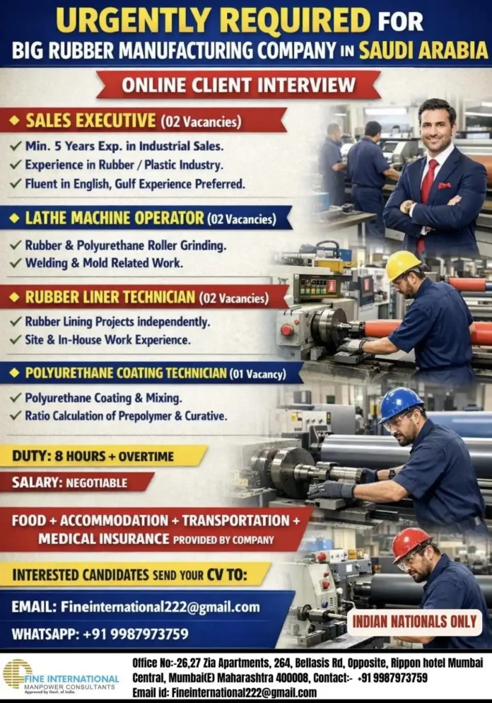 Urgent job vacancies in Saudi Arabia rubber manufacturing industry for Sales Executive and Technicians