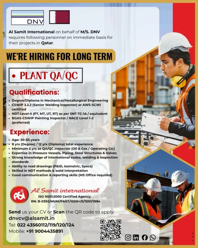PLANT QA/QC Inspector Job Opening in Qatar with DNV and Al Samit International