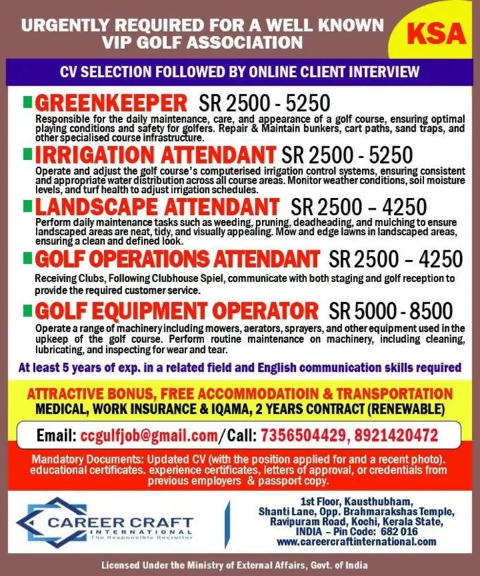 Golf course maintenance and job opportunities at VIP Golf Association in KSA