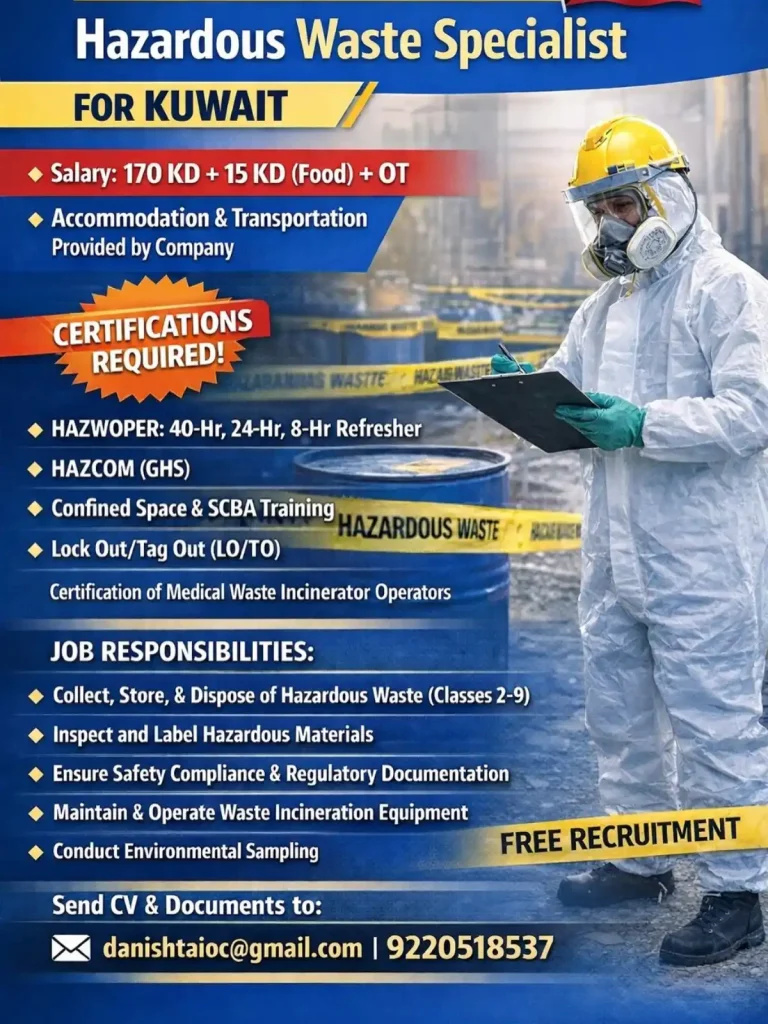 Urgent Hiring: Hazardous Waste Specialist for Kuwait | 170 KD + Benefits