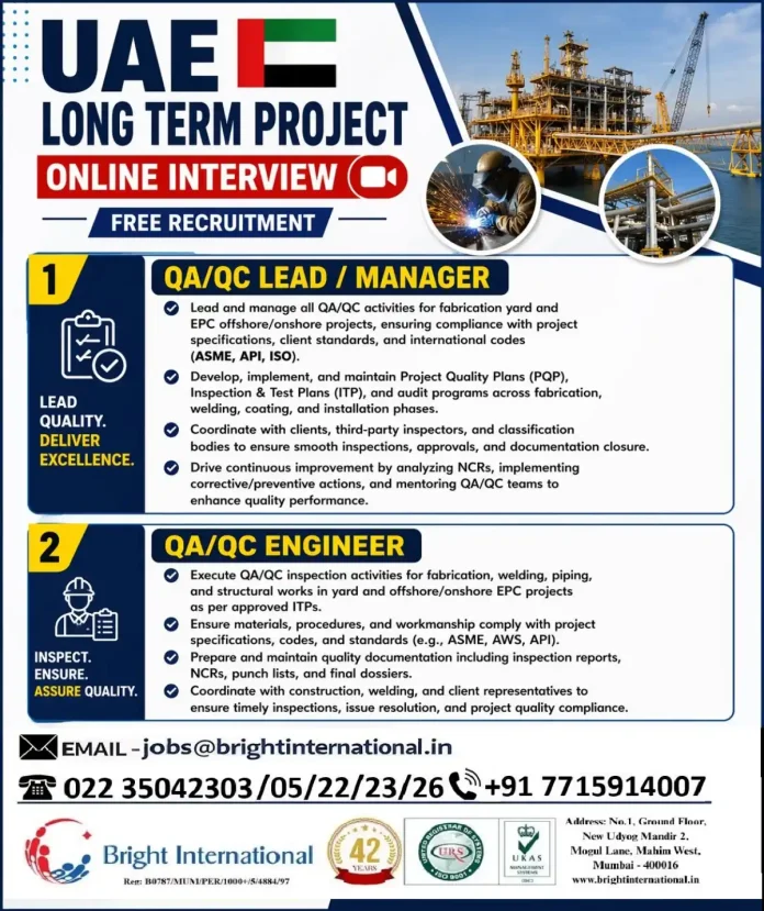 QA/QC Engineer and Manager job opportunities in UAE with Bright International