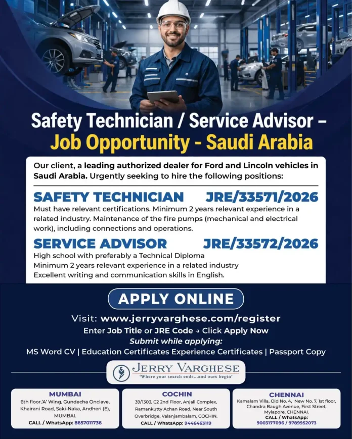 Safety Technician and Service Advisor job opportunities at Ford Lincoln dealership in Saudi Arabia