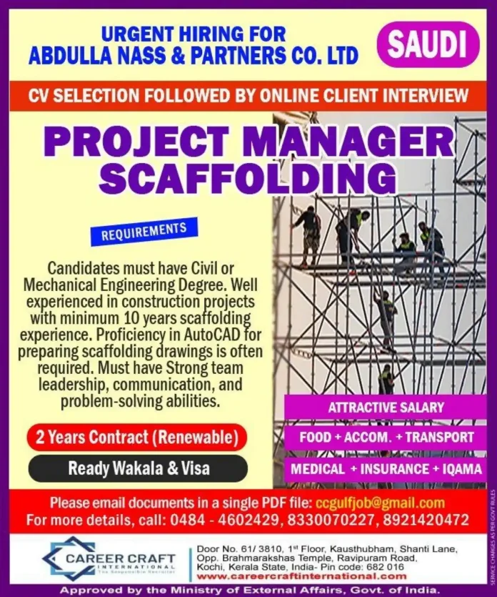 Project Manager Scaffolding Career Opportunity in Saudi Arabia with Abdulla Nass & Partners