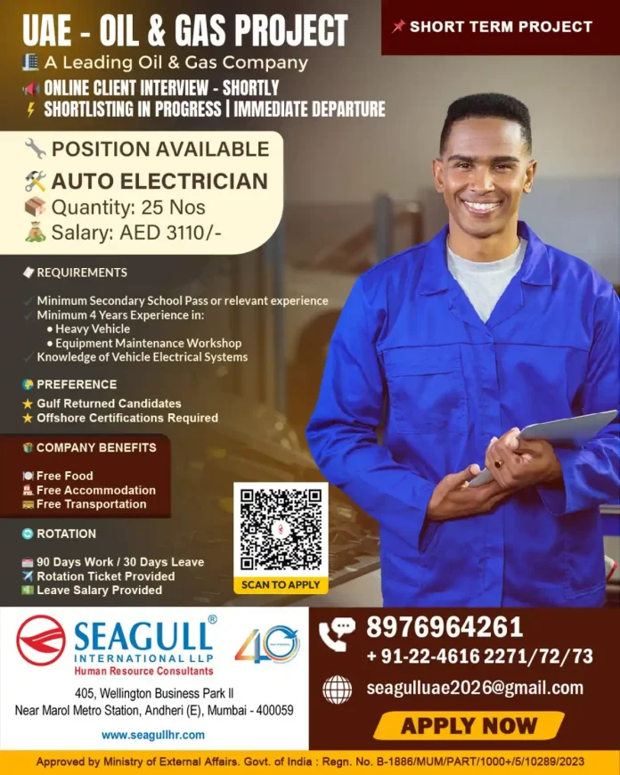 Auto Electrician working on heavy vehicle electrical systems in UAE oil and gas project