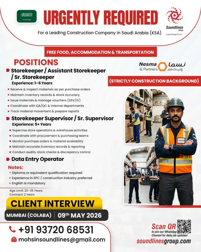 Construction jobs in Saudi Arabia with free accommodation and food