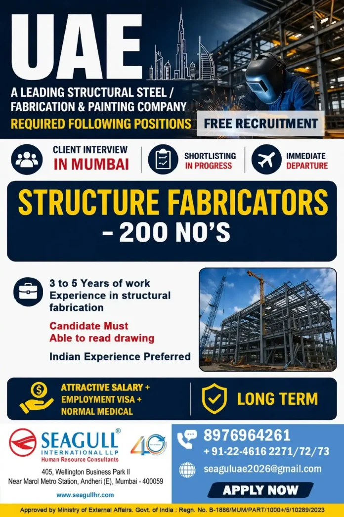 Structure Fabricator Job Opportunity for UAE with Client Interview in Mumbai