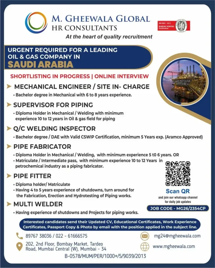 Oil and Gas Jobs in Saudi Arabia Recruitment by M Gheewala Global HR Consultants