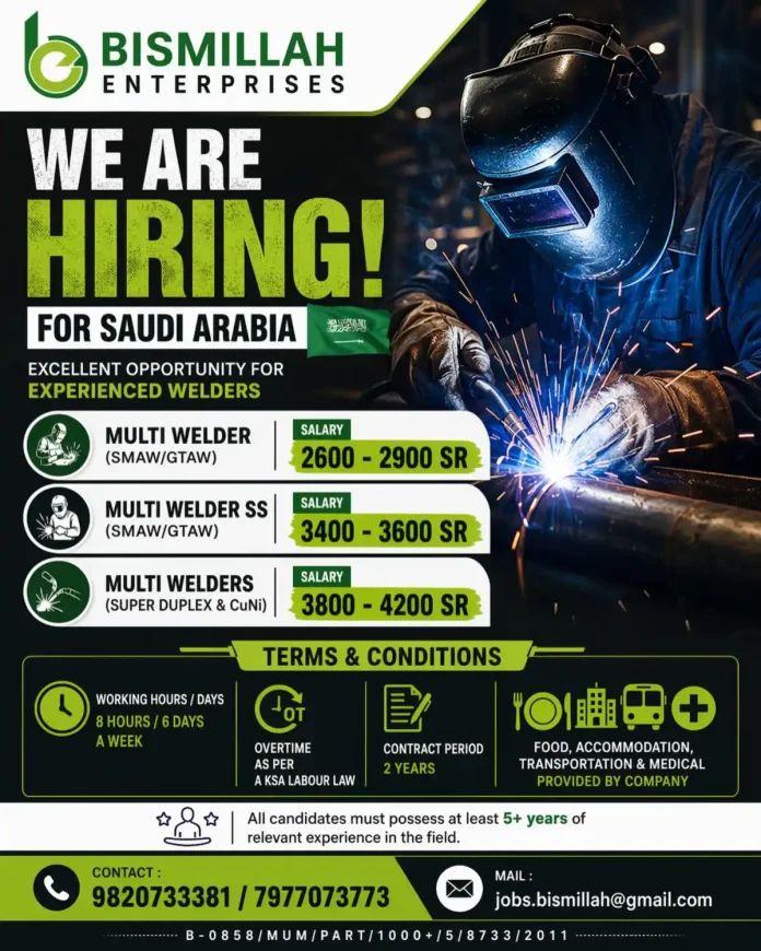BISMILLAH ENTERPRISES Multi Welder Job Opportunities for Saudi Arabia