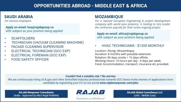 RAJAB Manpower Consultants Overseas Job Opportunities in Saudi Arabia and Mozambique