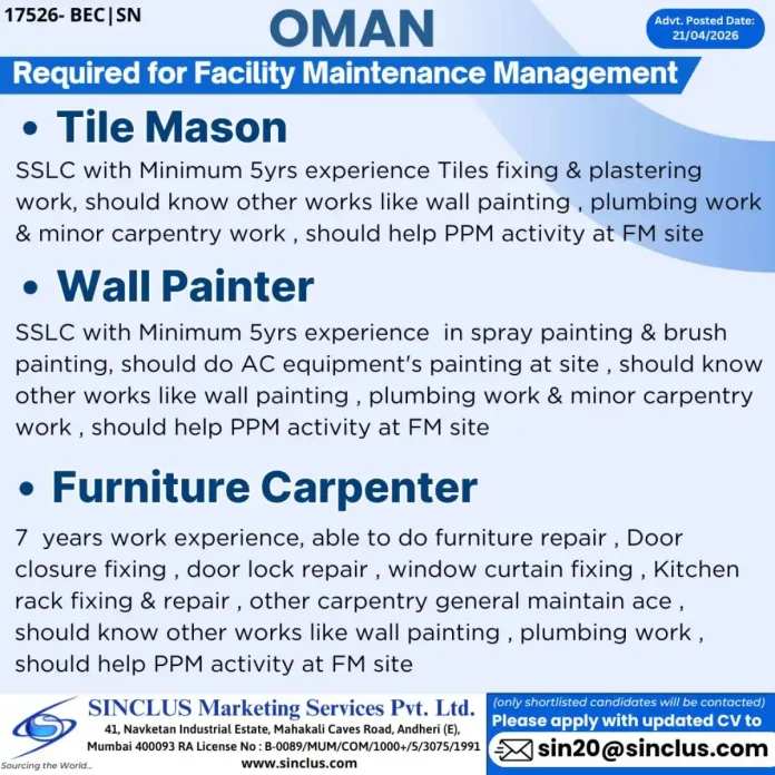 Facility Maintenance Jobs in Oman - Hiring Tile Mason, Wall Painter, Carpenter