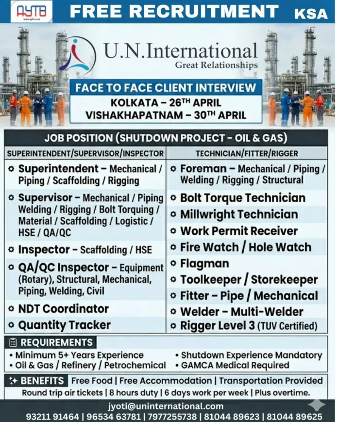 Oil and Gas Shutdown Project Jobs Recruitment in KSA by U.N.International