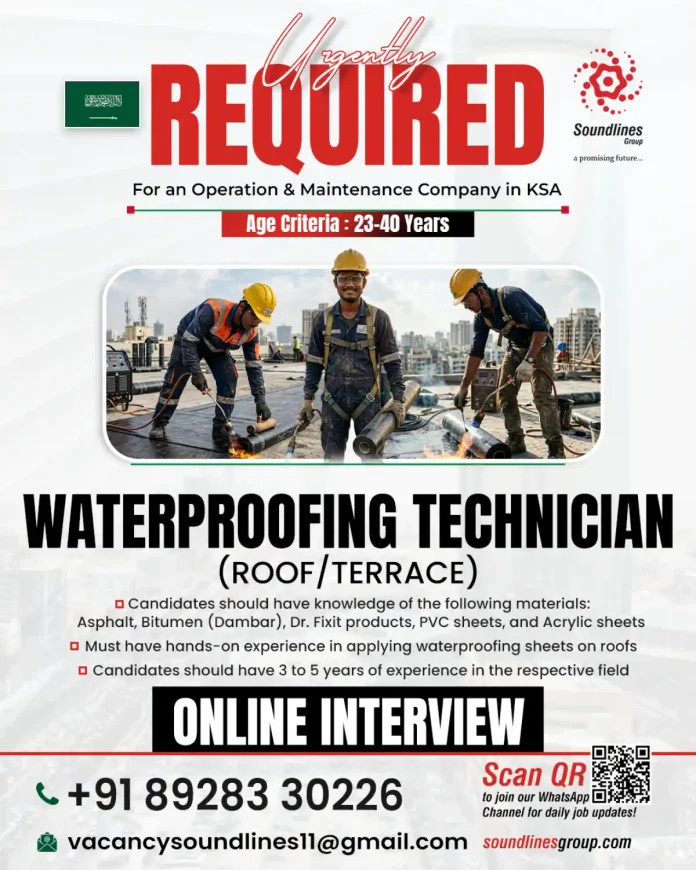 Waterproofing Technician applying materials on roof terrace - Soundlines Group Job in KSA