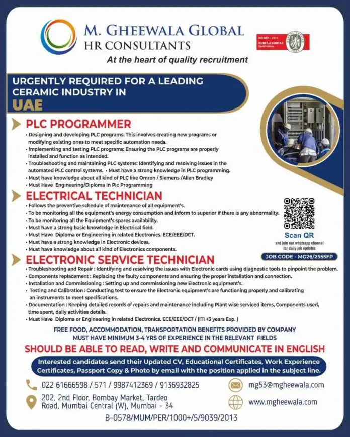 M. Gheewala Global HR Consultants recruiting for UAE ceramic industry positions