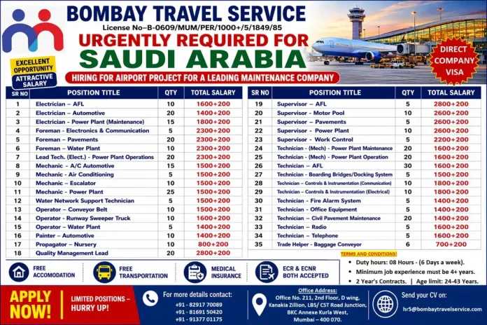 Airport Project Jobs in Saudi Arabia Hiring by Bombay Travel Service